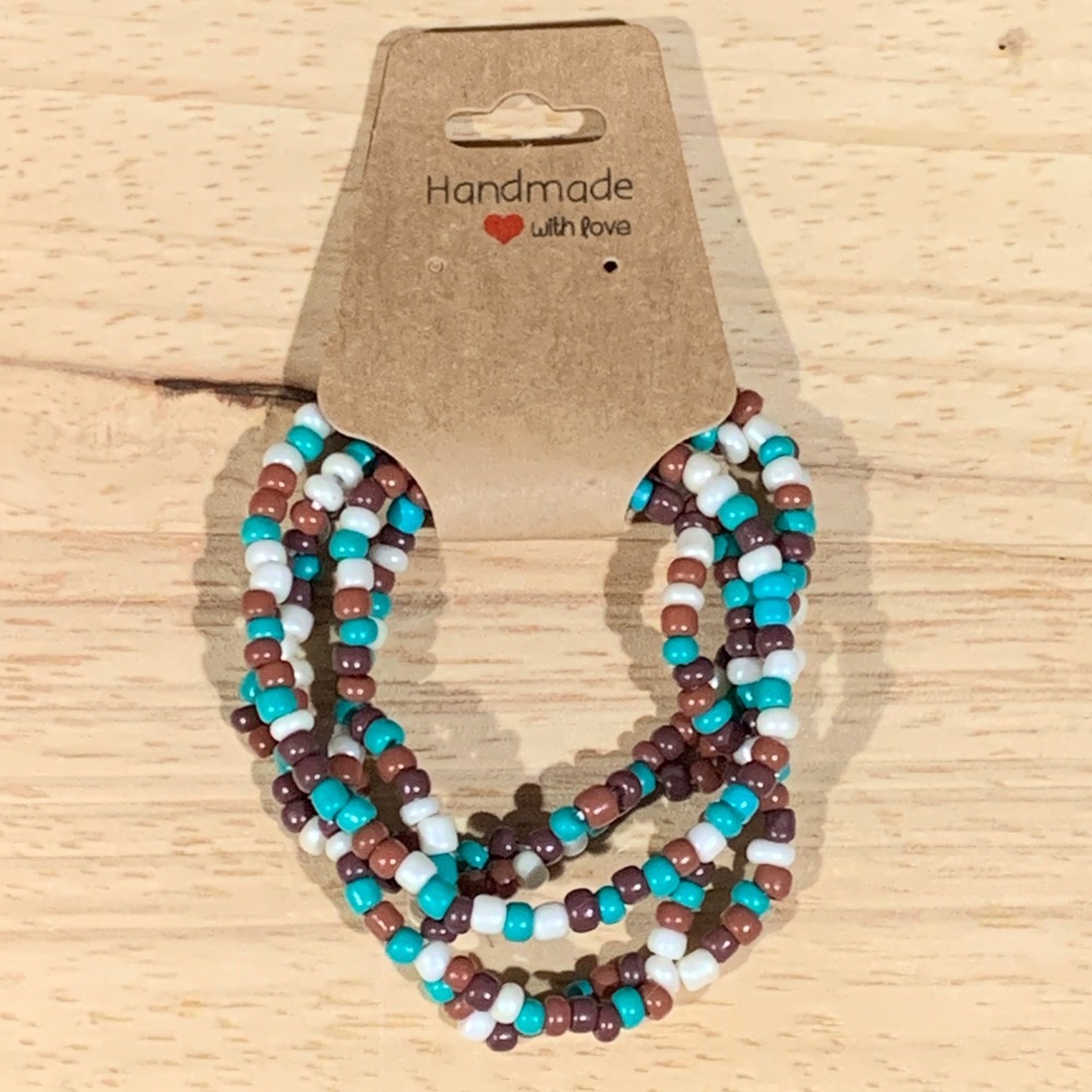 Handmade Beaded Bracelet Women OS Set of 3 Turquoise Brown White Seed Bead Boho